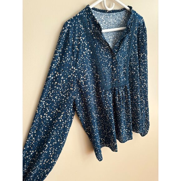 LOFT Blue Confetti Dot Long Sleeve Split Neck Smocked Casual Blouse Size XL - Picture 2 of 12
